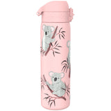 A pink water bottle features illustrations of koalas sitting on tree branches surrounded by leaves on a plain background.
