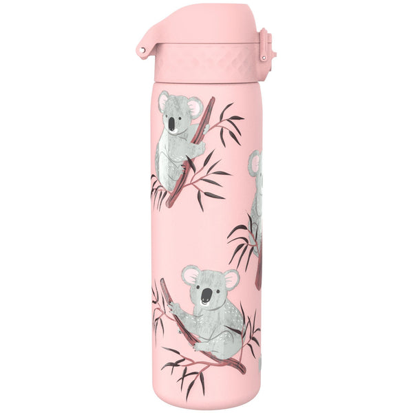 A pink water bottle features illustrations of koalas sitting on tree branches surrounded by leaves on a plain background.