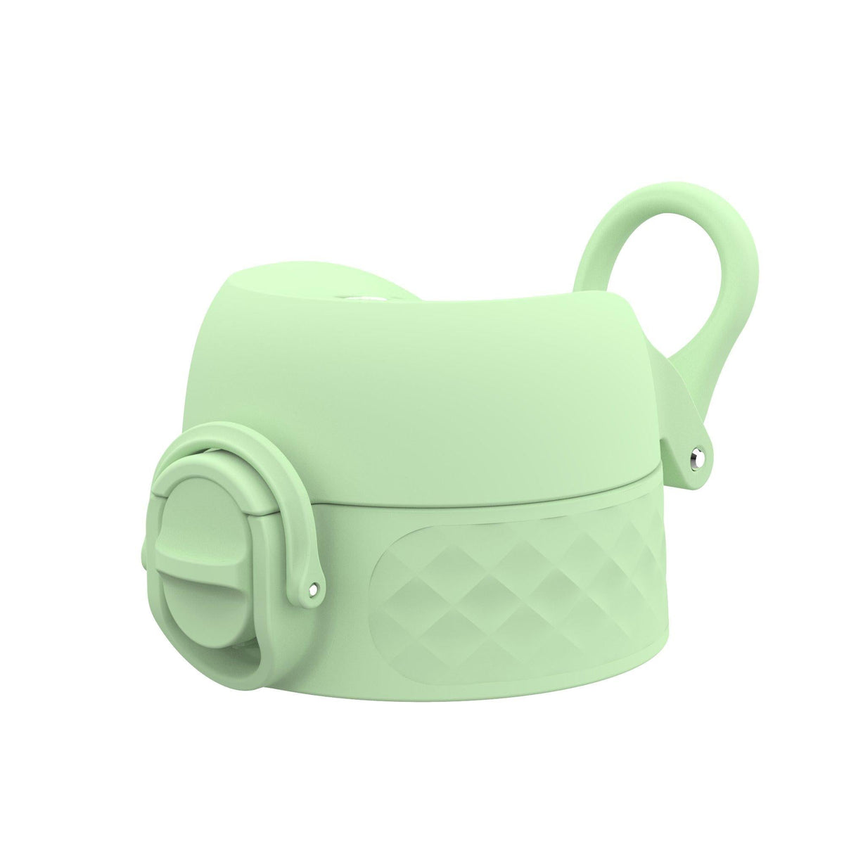 A pastel green silicone bottle cap with a spout cover and decorative diamond pattern has a loop for carrying set against a plain white background.