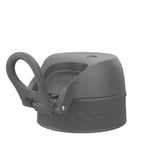 Gray bottle lid with a loop handle attached sits on a flat surface embossed with a subtle diamond pattern with the text 