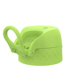 A green bottle cap with a carrying loop is resting on a white background displaying text 