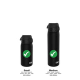 Two black water bottles with green check marks stand on a white background labeled 