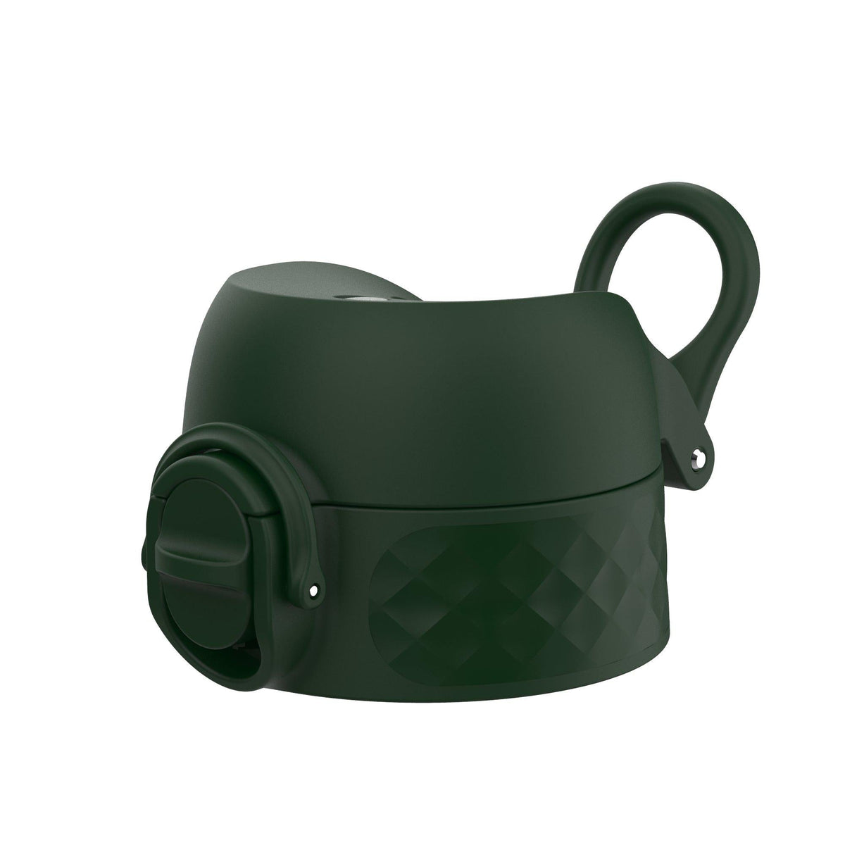 Dark green bottle lid features a wide loop handle and a flip top spout design suitable for beverage containers