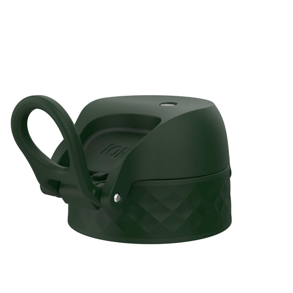 A dark green water bottle cap with a loop handle attached and textured lower section set against a plain white background
