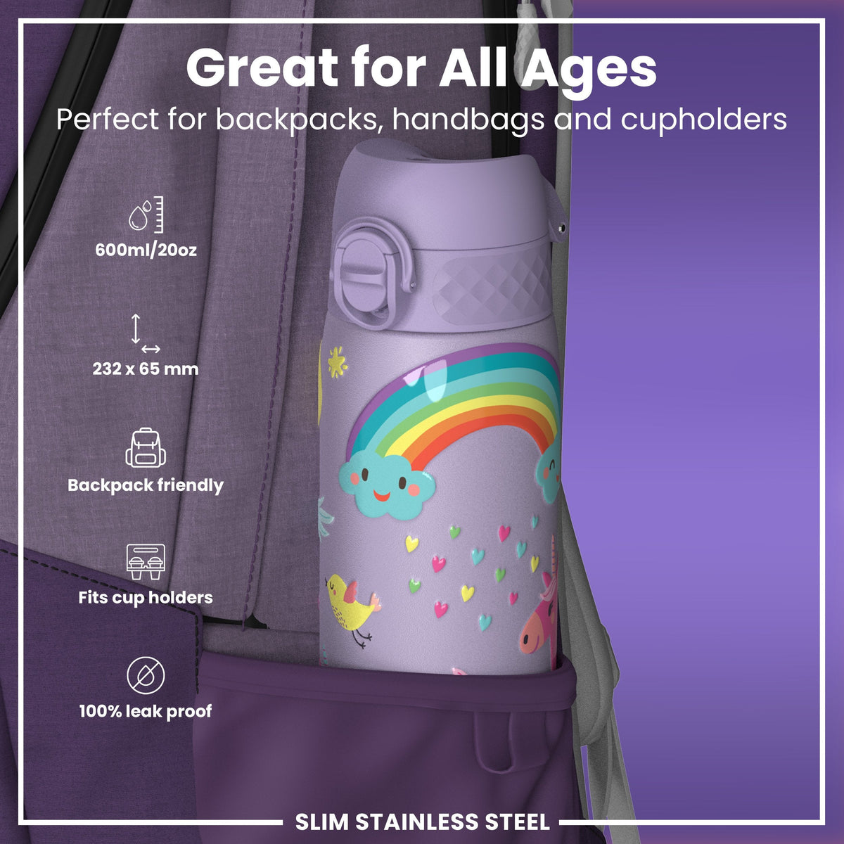 Leichte Edelstahl-Wasserflasche, violette Einhörner, 600 ml