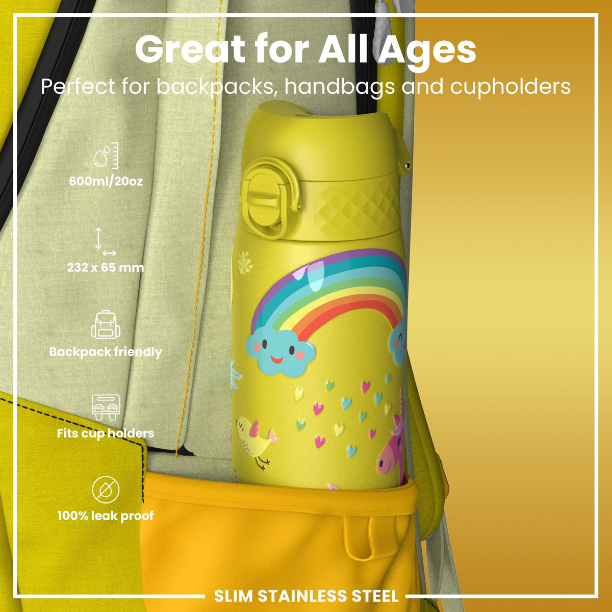 Leichte Edelstahl-Wasserflasche, gelbe Einhörner, 600 ml