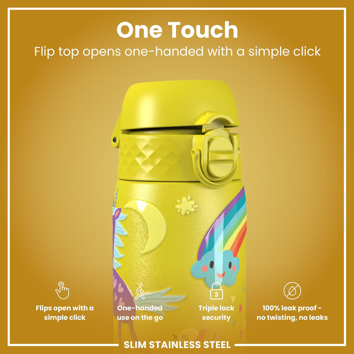 Leichte Edelstahl-Wasserflasche, gelbe Einhörner, 600 ml