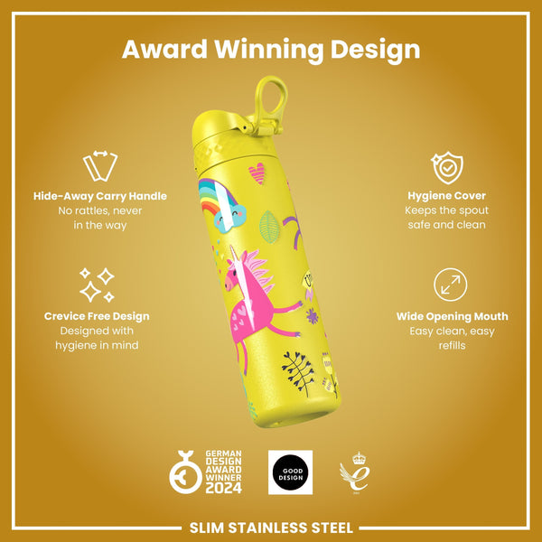 Leichte Edelstahl-Wasserflasche, gelbe Einhörner, 600 ml