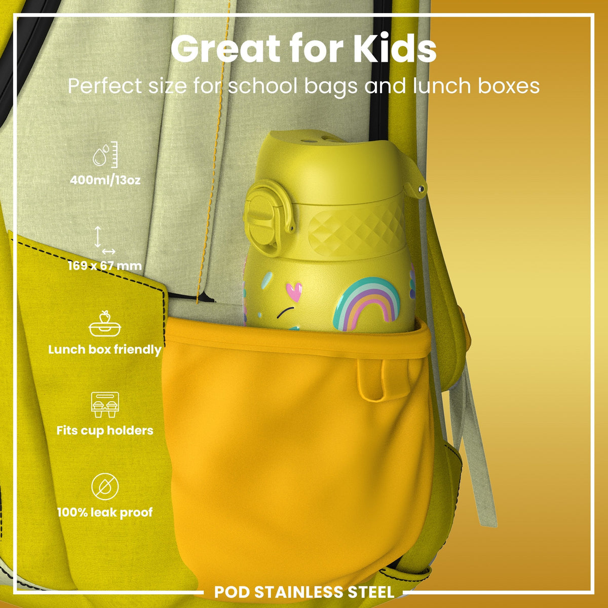 Leichte Edelstahl-Wasserflasche, gelbe Einhörner, 400 ml