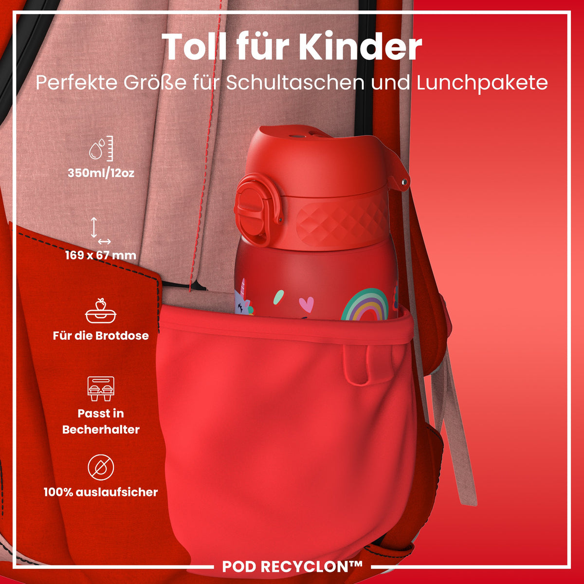 Recyclon Wasserflasche, Rote Einhorn, 350 ml