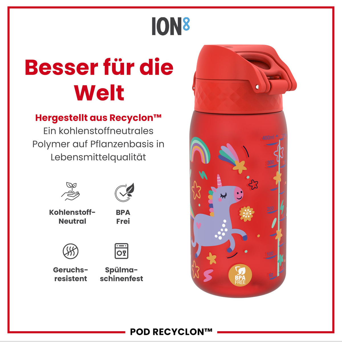 Recyclon Wasserflasche, Rote Einhorn, 350 ml