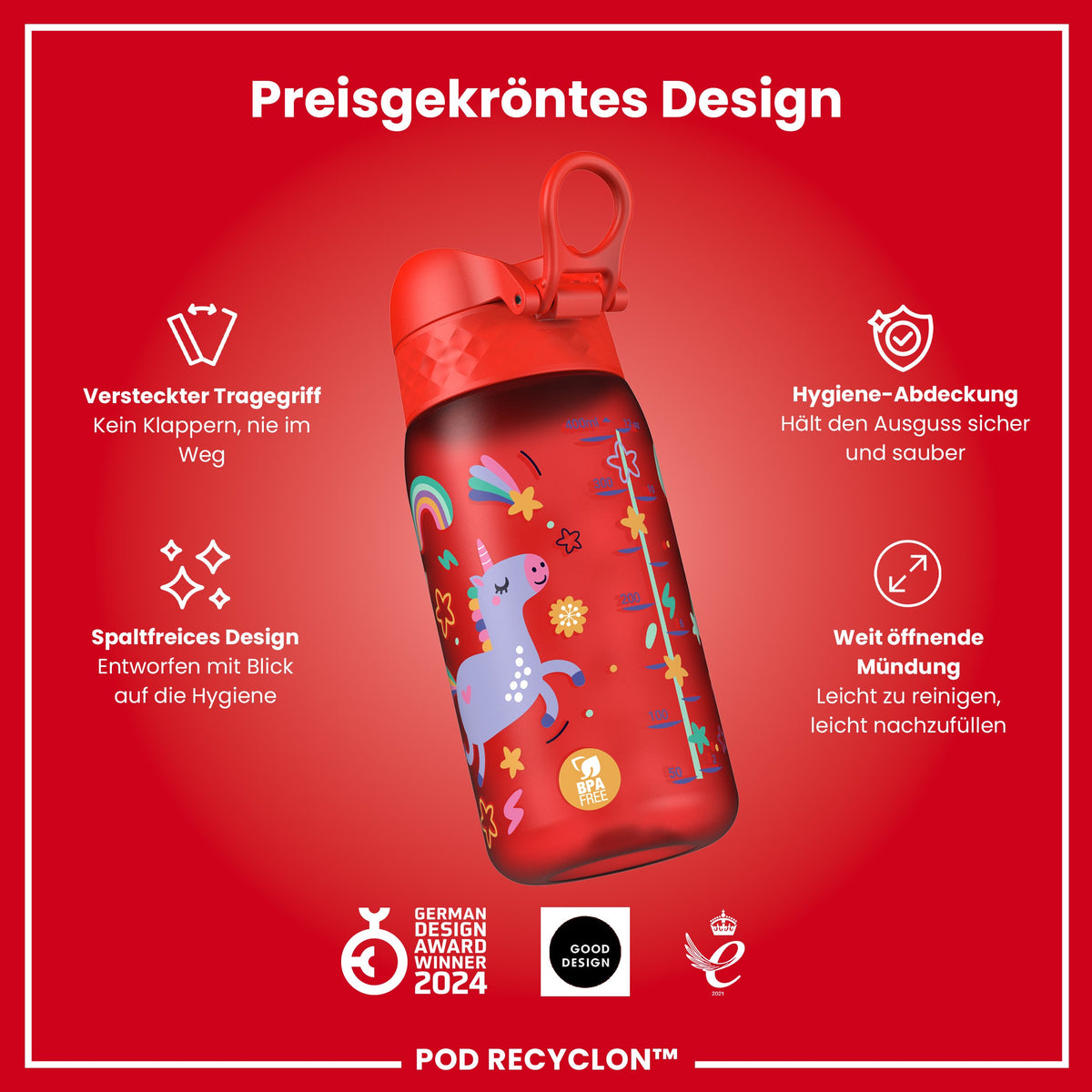 Recyclon Wasserflasche, Rote Einhorn, 350 ml
