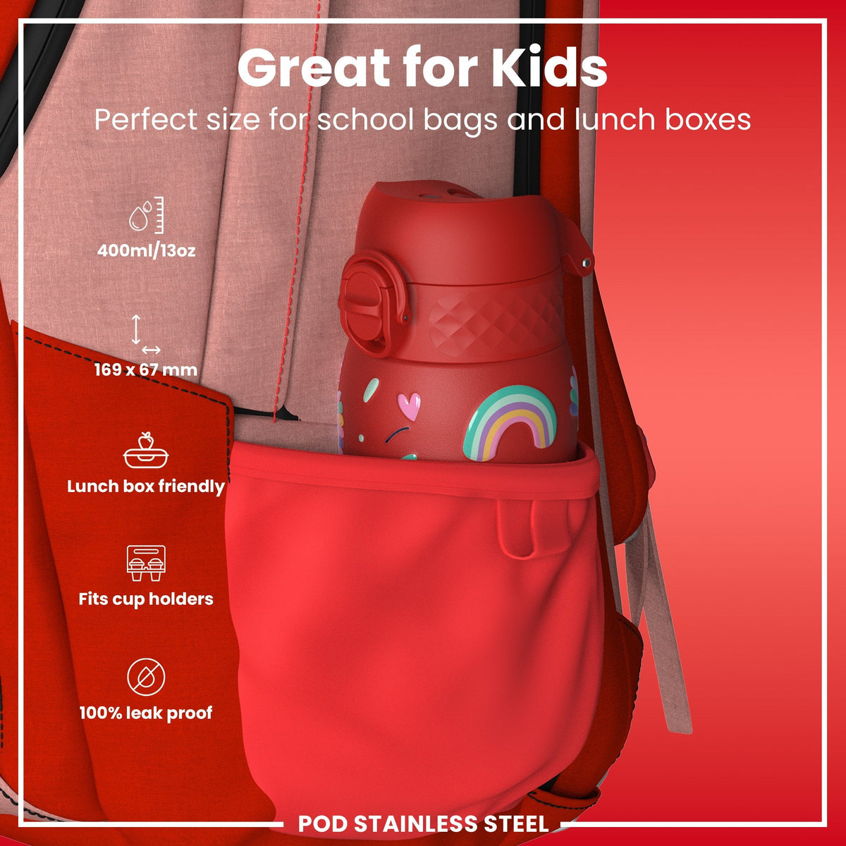 Leichte Edelstahl-Wasserflasche, rote Einhörner, 400 ml