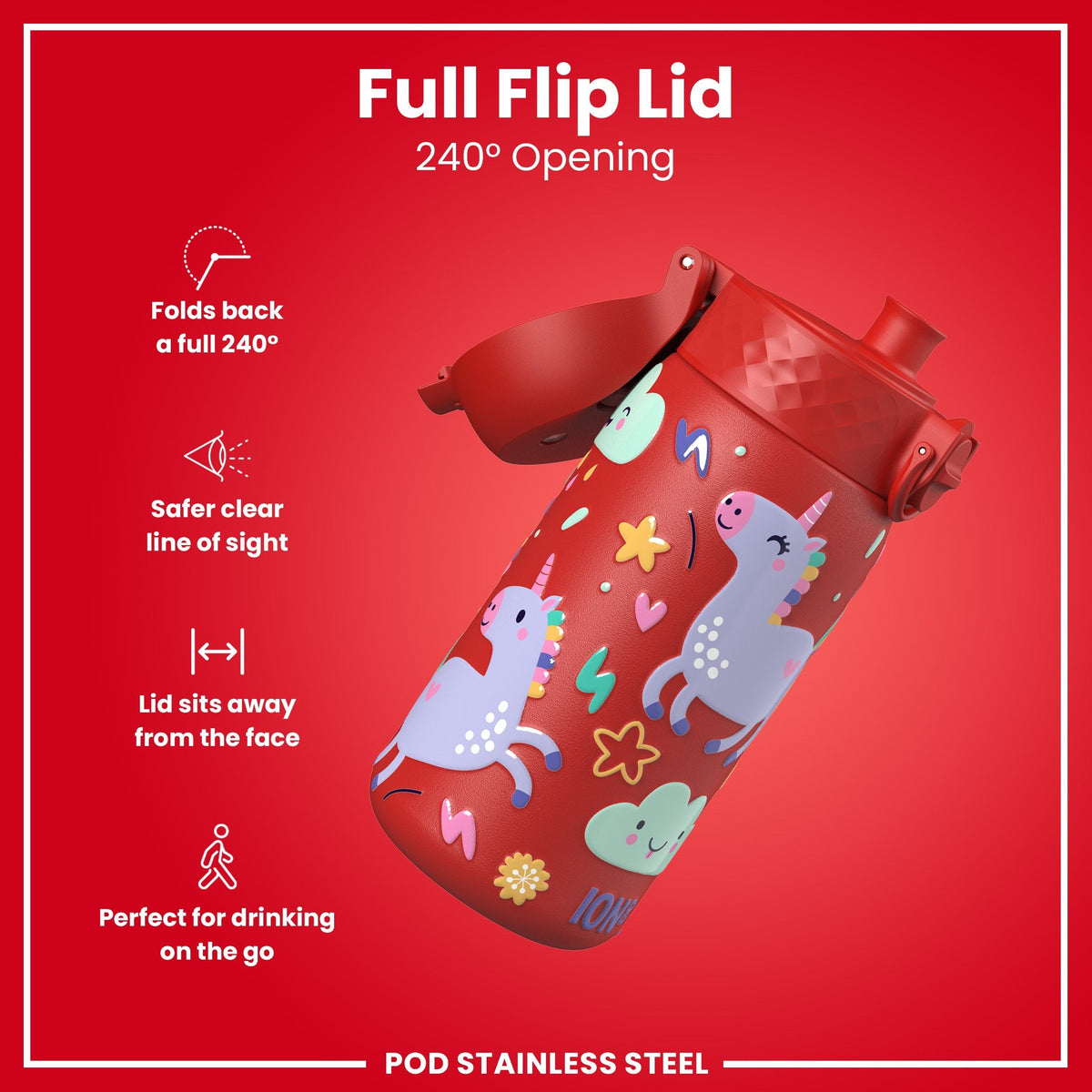 Leichte Edelstahl-Wasserflasche, rote Einhörner, 400 ml