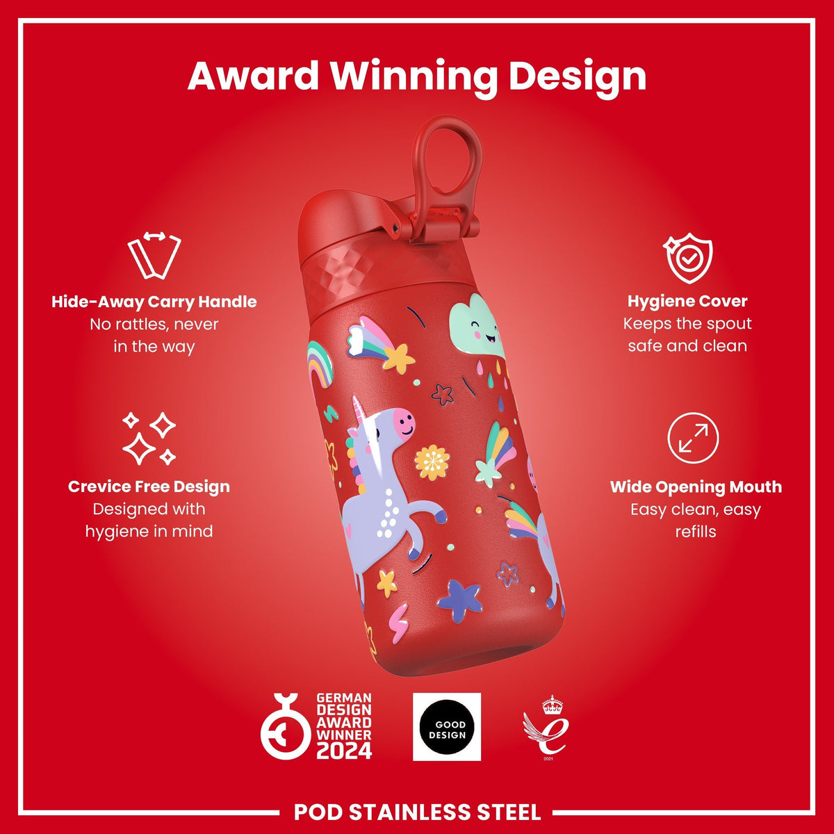 Leichte Edelstahl-Wasserflasche, rote Einhörner, 400 ml