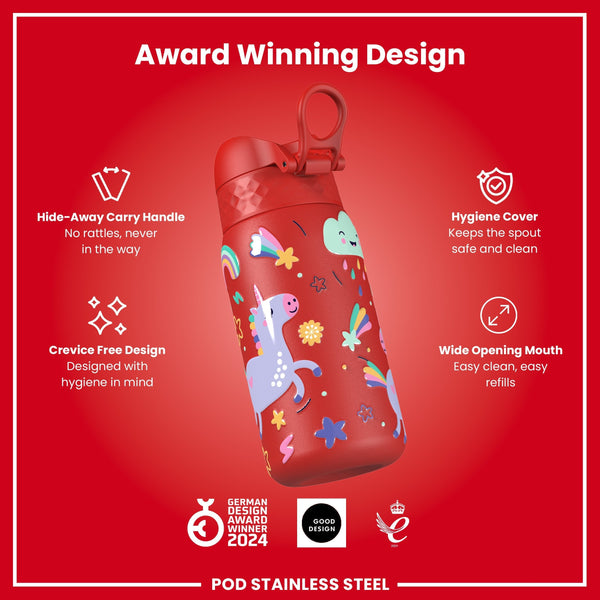 Leichte Edelstahl-Wasserflasche, rote Einhörner, 400 ml