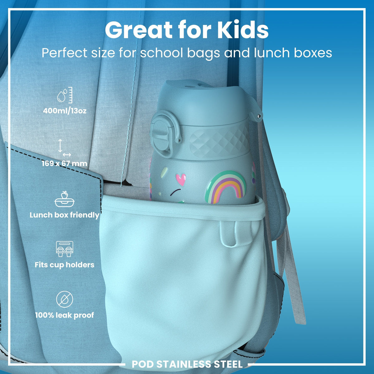 Leichte Edelstahl-Wasserflasche, blaue Einhörner, 400 ml