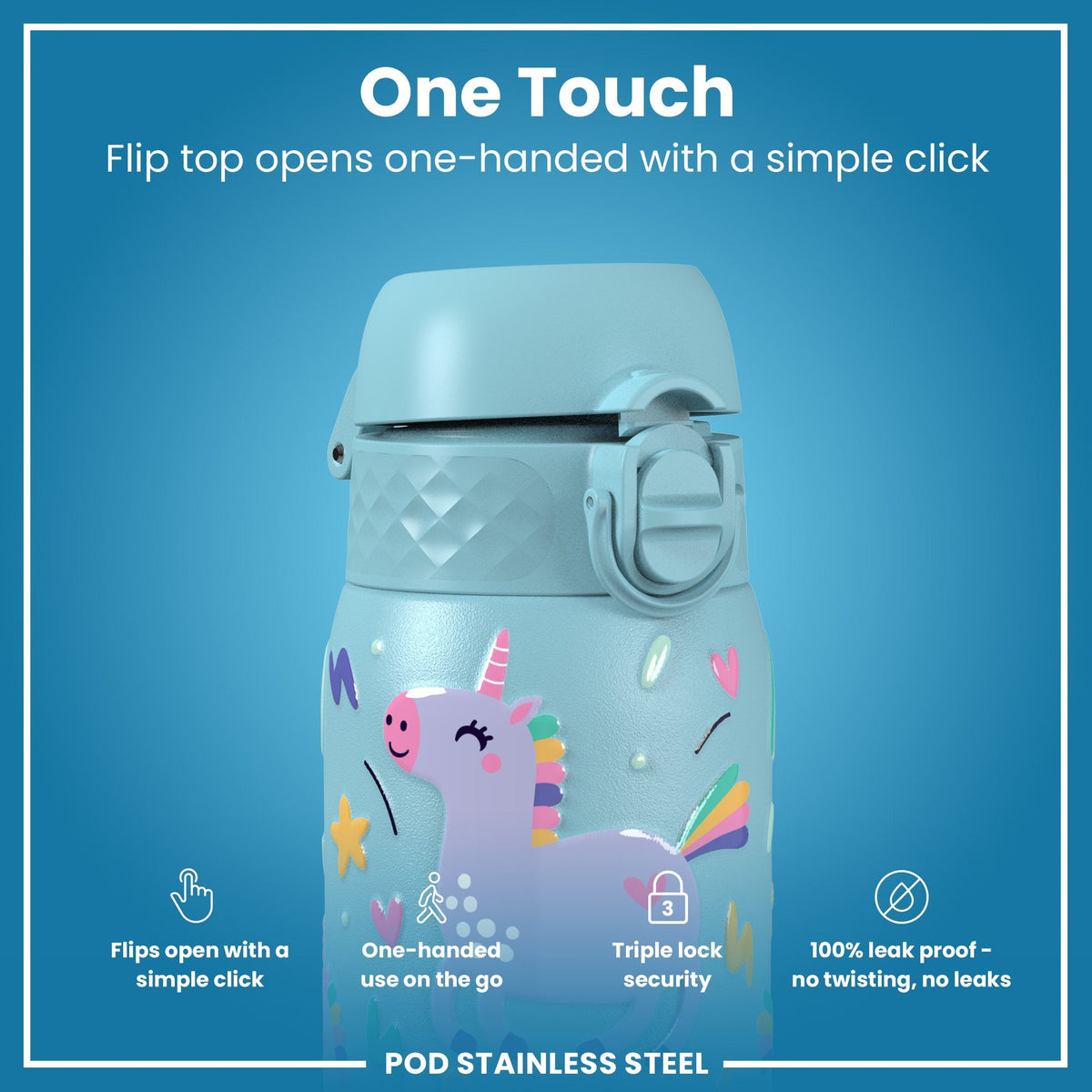 Leichte Edelstahl-Wasserflasche, blaue Einhörner, 400 ml