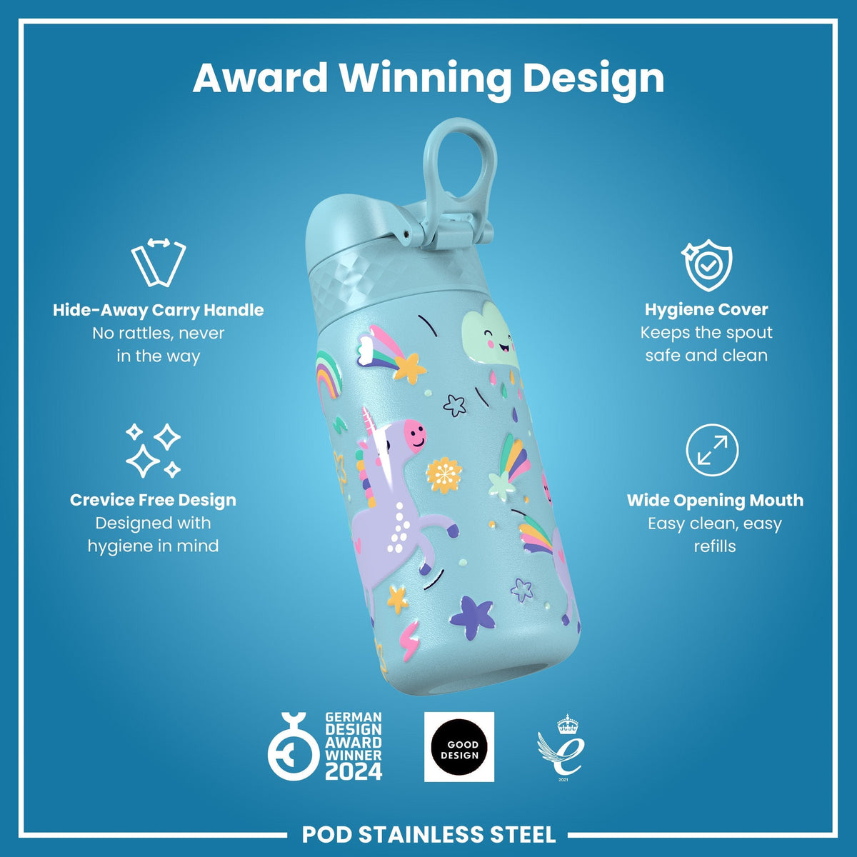 Leichte Edelstahl-Wasserflasche, blaue Einhörner, 400 ml