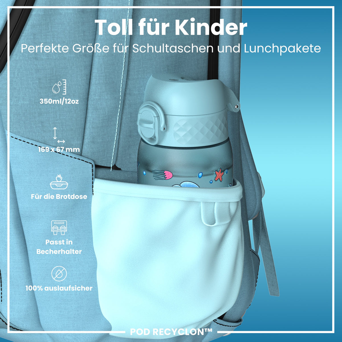 Recyclon Wasserflasche, Blaue Einhorn, 350 ml