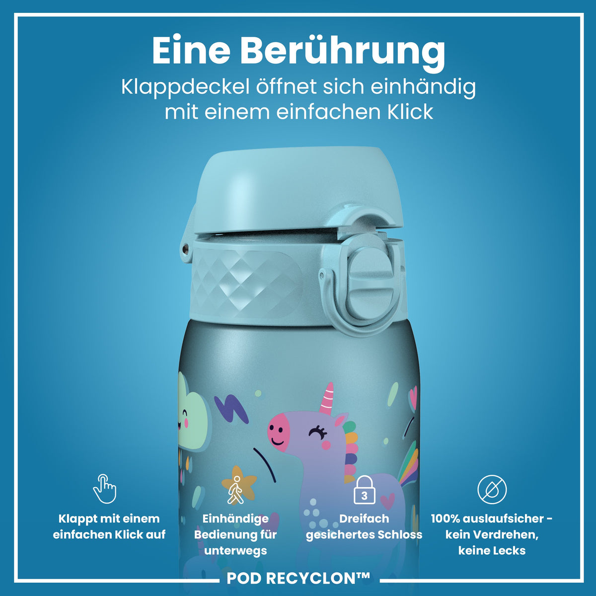 Recyclon Wasserflasche, Blaue Einhorn, 350 ml
