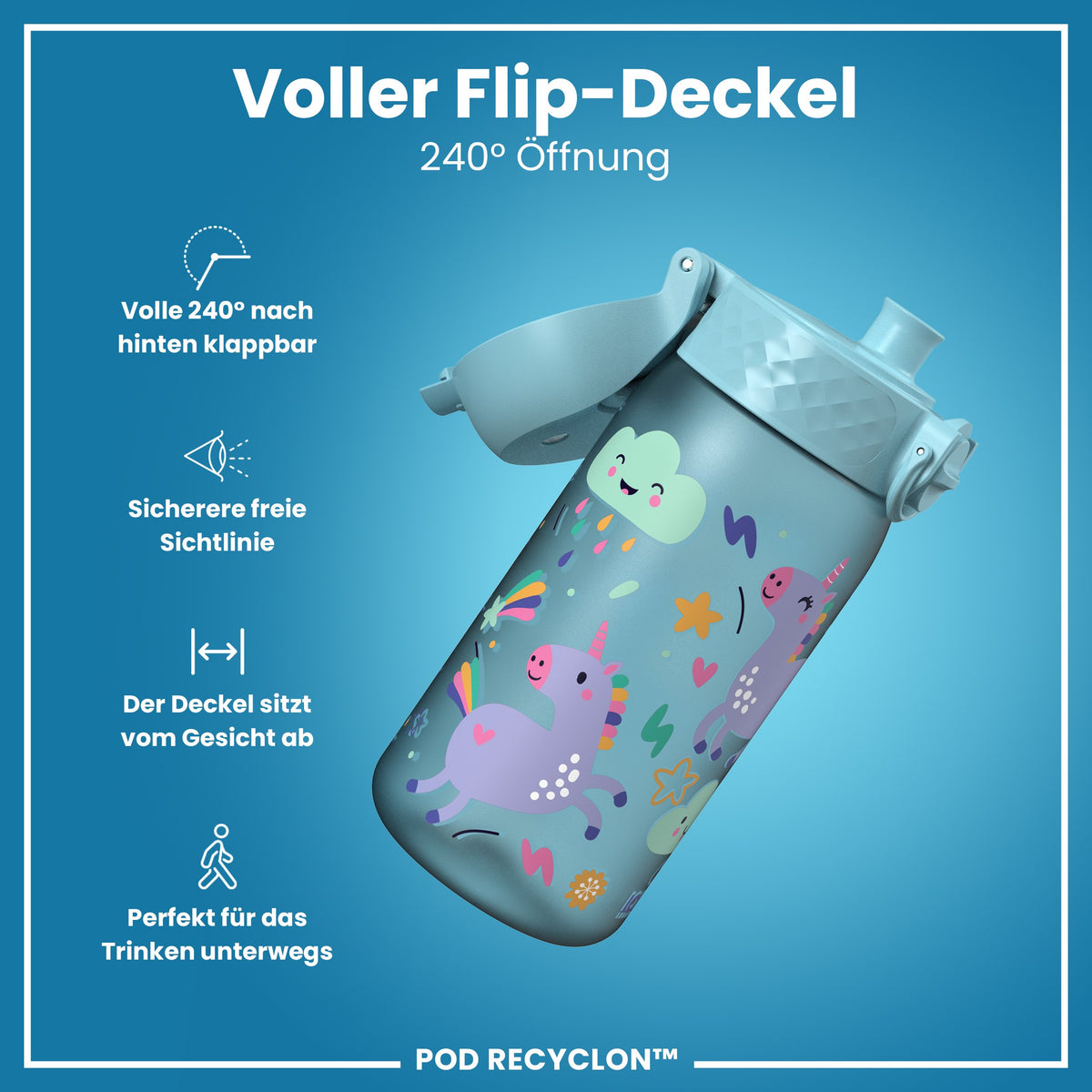 Recyclon Wasserflasche, Blaue Einhorn, 350 ml