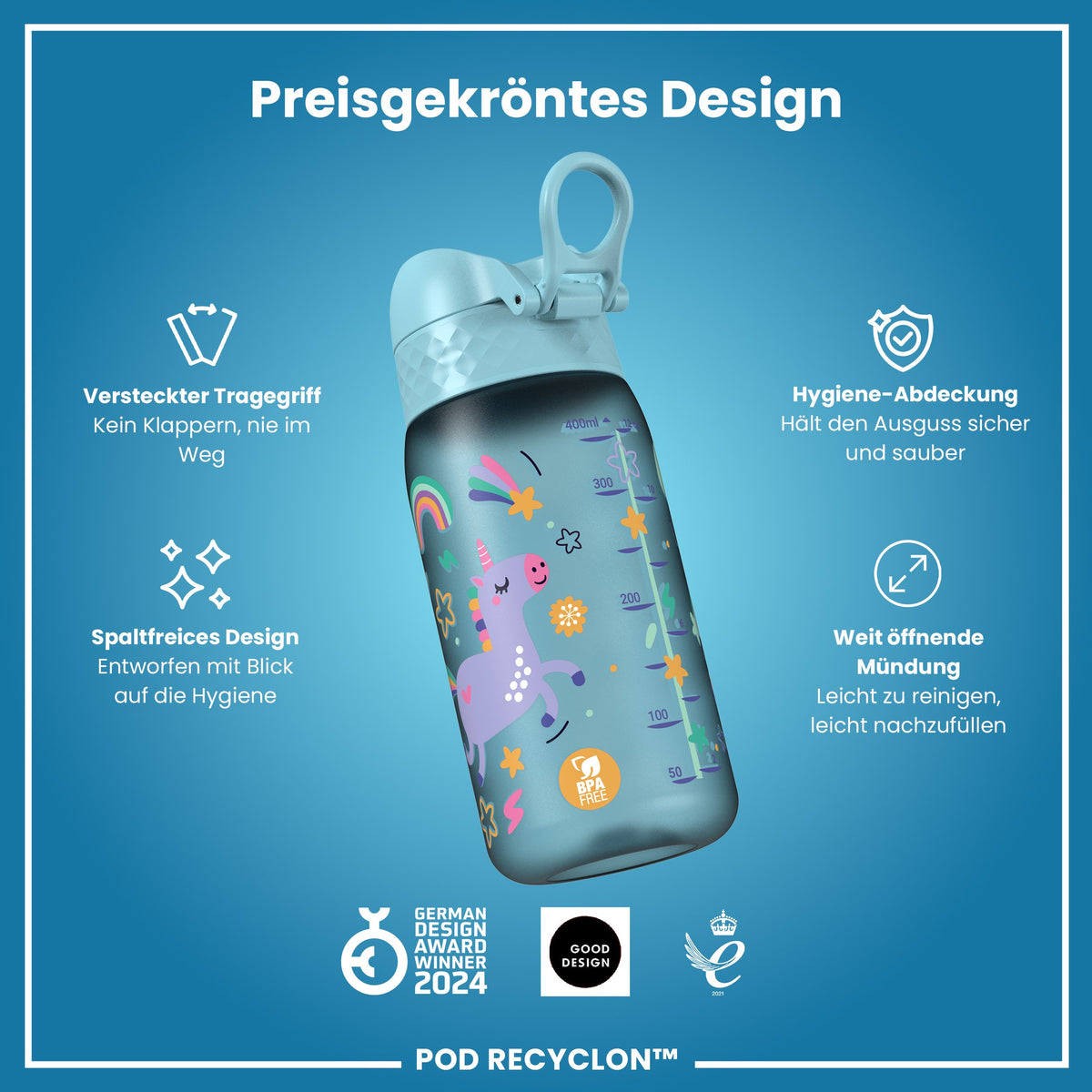 Recyclon Wasserflasche, Blaue Einhorn, 350 ml