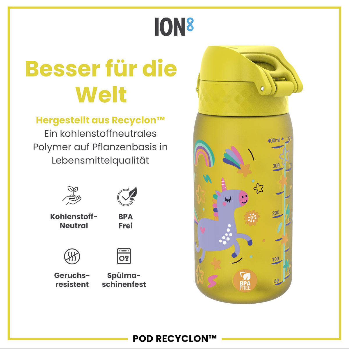 Recyclon Wasserflasche, Gelbe Einhorn, 350 ml