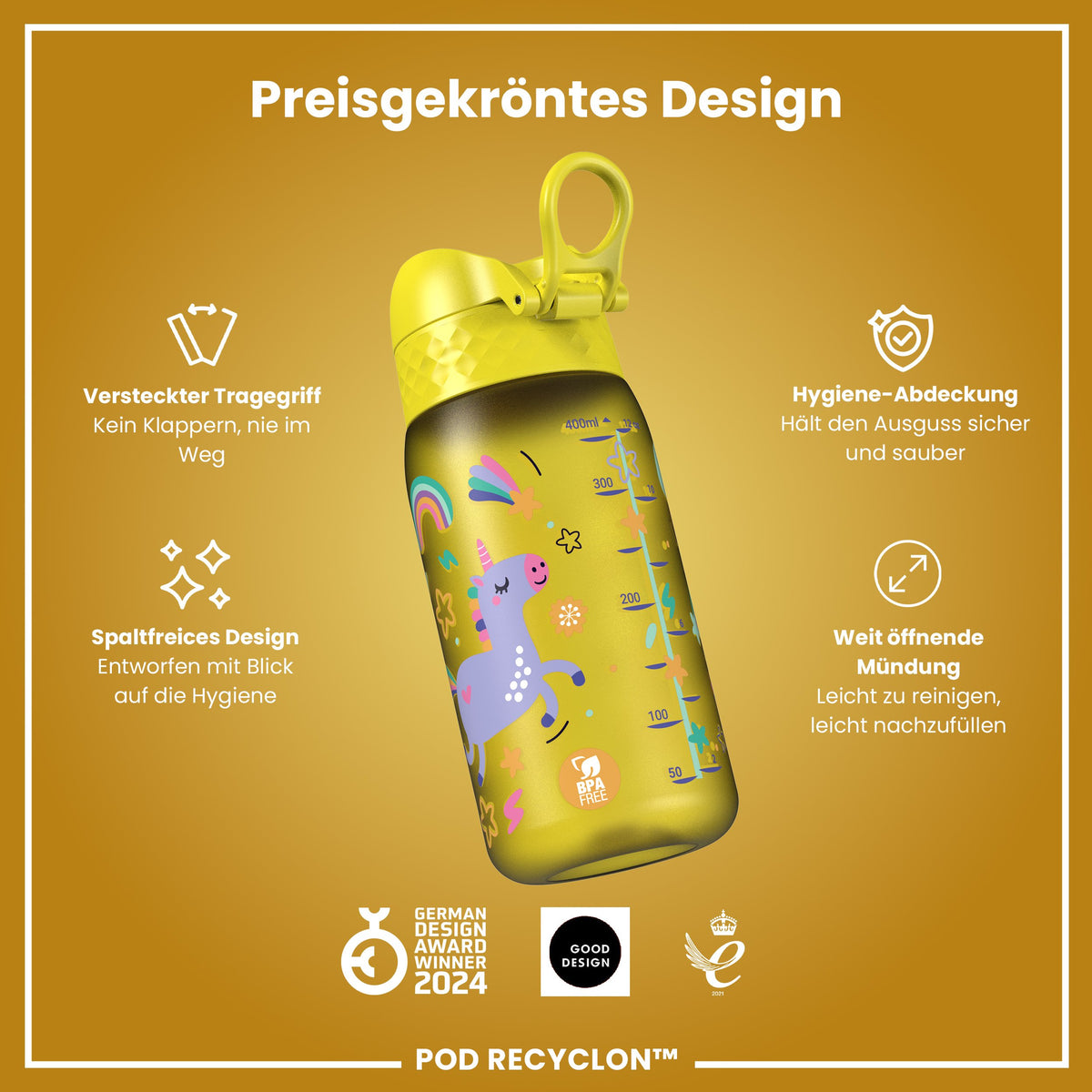 Recyclon Wasserflasche, Gelbe Einhorn, 350 ml