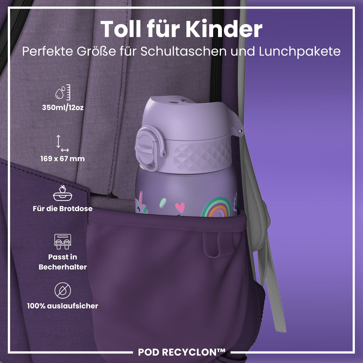 Recyclon Wasserflasche, Lila Einhorn, 350 ml