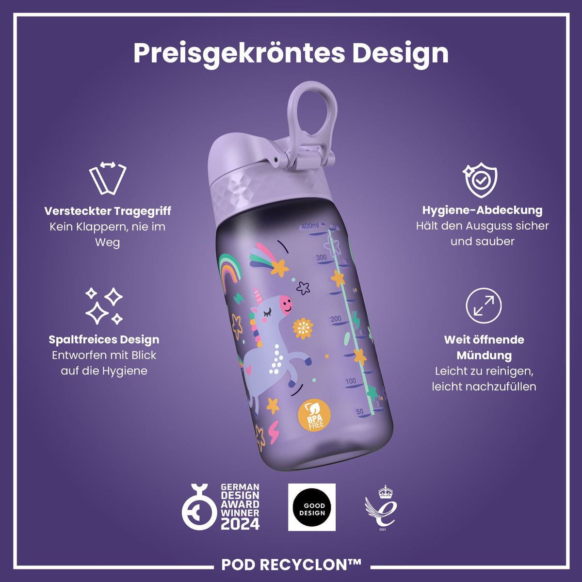 Recyclon Wasserflasche, Lila Einhorn, 350 ml