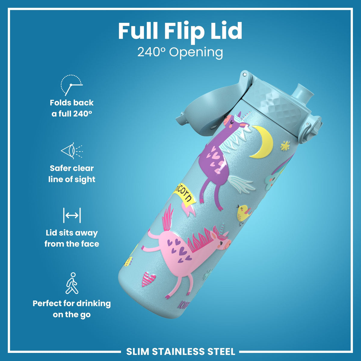 Leichte Edelstahl-Wasserflasche, Blaue Einhörner, 600 ml