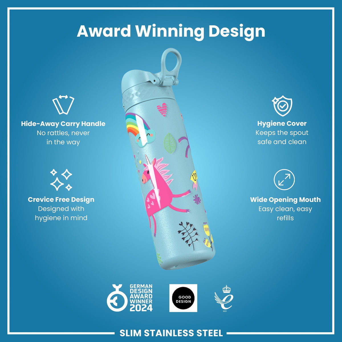 Leichte Edelstahl-Wasserflasche, Blaue Einhörner, 600 ml