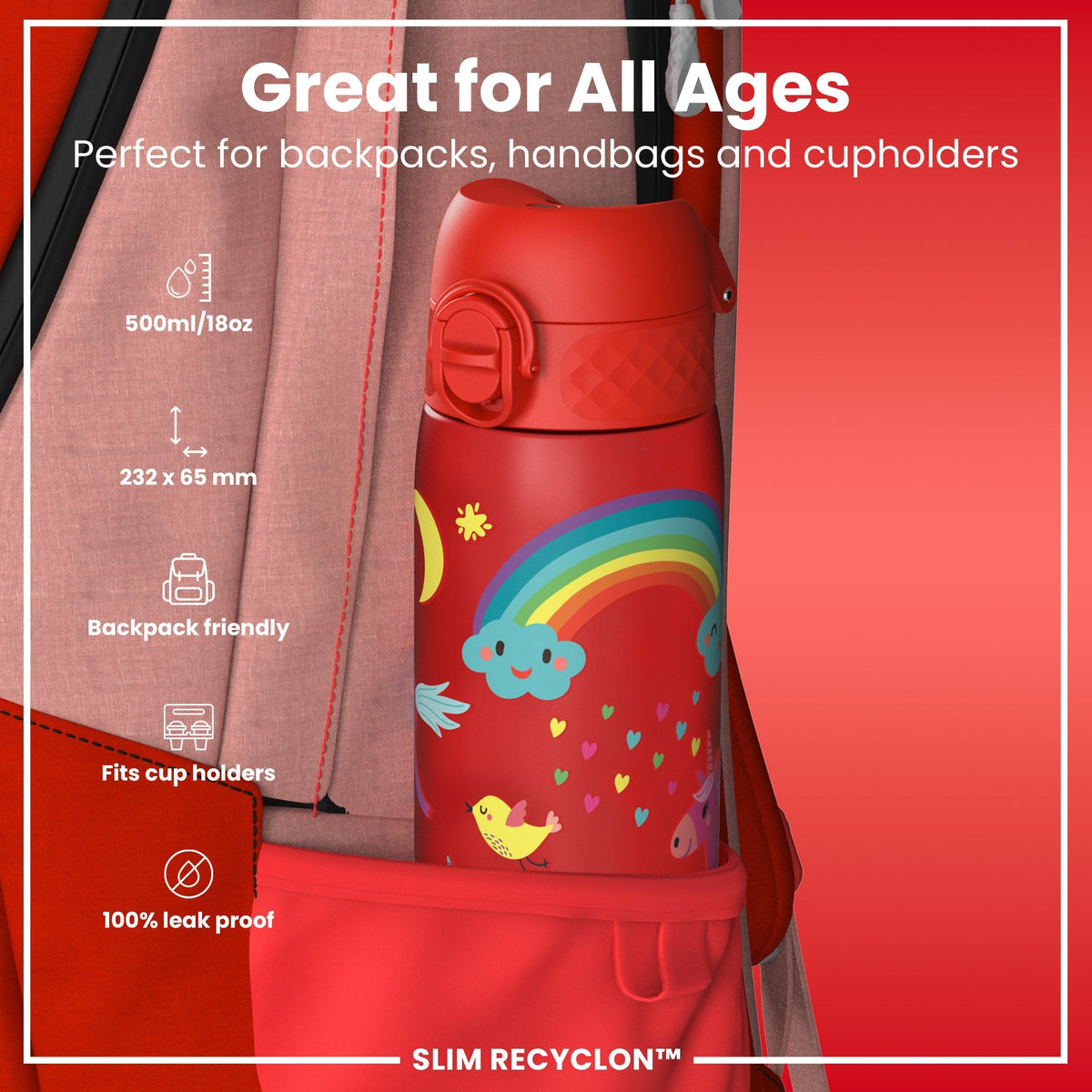 Recyclon Wasserflasche, Rote Einhörner, 500 ml