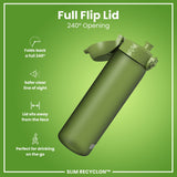 A green water bottle with a flip lid, showcasing its 240° opening, is displayed against a lime green background. The text reads: 