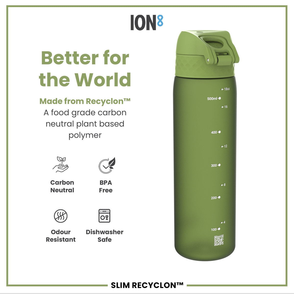 A green water bottle sits against a white background. It's made from a plant-based polymer, is BPA-free, and dishwasher safe. The bottle displays measurements in milliliters and ounces.