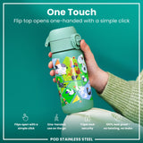 A green water bottle, decorated with farm animals, is being held; its flip top opens one-handed. The bottle is made of stainless steel and is leakproof. 