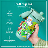 A stainless steel water bottle, featuring a farm animal design, is being held. Its full flip lid opens 240 degrees. The bottle is shown against a teal background. The text includes: 