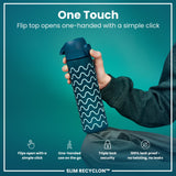 A teal water bottle, with a wave pattern, is held; its flip top opens one-handed. The bottle features triple lock security and is leak-proof. The context is a product advertisement.