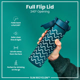 A teal water bottle with a wavy pattern is being held; its full flip lid opens 240 degrees. The bottle is shown against a teal background. The text reads: 
