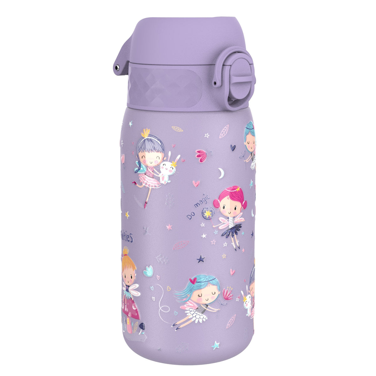A lavender-colored water bottle, featuring illustrations of fairies and bunnies, sits against a white background. The bottle has a hinged purple lid. "Do magic" is written on the bottle.
