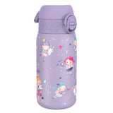 A lavender-colored water bottle, featuring illustrations of fairies and bunnies, sits against a white background. The bottle has a hinged purple lid. 