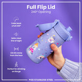 A purple stainless steel water bottle with a fairy design is being held; its full flip lid, opening 240°, sits away from the face. The bottle is shown against a purple background.