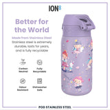 A purple stainless steel water bottle, featuring a fairy design, sits against a white background. It is advertised as durable, recyclable, odour-resistant, and dishwasher-safe. 