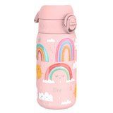 A pink children's water bottle, featuring rainbows, clouds, and suns, sits on a white background. The word 