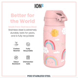 A pink stainless steel water bottle, decorated with rainbows and clouds, sits against a white background. The bottle is described as durable, recyclable, odour-resistant and dishwasher-safe. The text includes 