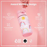 A pink, rainbow-patterned stainless steel water bottle is being held. It has a hide-away handle, hygiene cover, and wide mouth. The background is pink, with text describing its features and awards. “Award Winning Design,” “Hide-Away Carry Handle,” “Hygiene Cover,” “Crevice Free Design,” and “Wide Opening Mouth” are prominent labels. The bottle is also labelled “POD STAINLESS STEEL” at the bottom, and shows logos indicating it won the German Design Award in 2024 and the Good Design award.