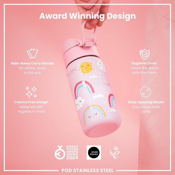 A pink, rainbow-patterned stainless steel water bottle is being held. It has a hide-away handle, hygiene cover, and wide mouth. The background is pink, with text describing its features and awards. “Award Winning Design,” “Hide-Away Carry Handle,” “Hygiene Cover,” “Crevice Free Design,” and “Wide Opening Mouth” are prominent labels. The bottle is also labelled “POD STAINLESS STEEL” at the bottom, and shows logos indicating it won the German Design Award in 2024 and the Good Design award.