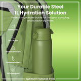 A green, 1200ml/40oz steel water bottle fits inside a green backpack. It's backpack-friendly, fits bottle holders, and is 100% leak-proof. The bottle is for gym, camping, and outdoor use.