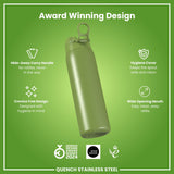 A green, stainless steel water bottle sits against a green background. It features a hide-away handle, hygiene cover, and wide mouth. Award logos are displayed below. 